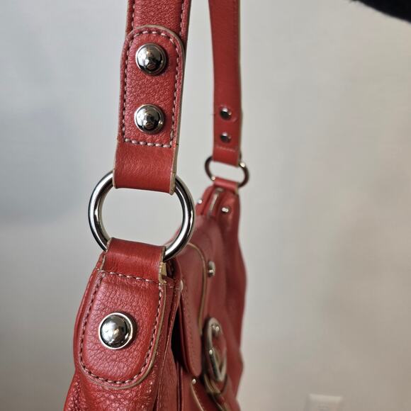 B Makowsky Shoulder Bag Rust Orange Pebbled Leather Silver Leopard Lining READ - Picture 4 of 16